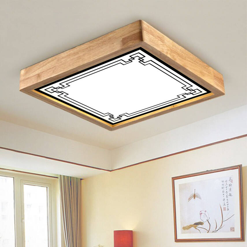 Ahşap Çerçeve Motif Baskılı Tavan LED Aydınlatma Avize   - 1