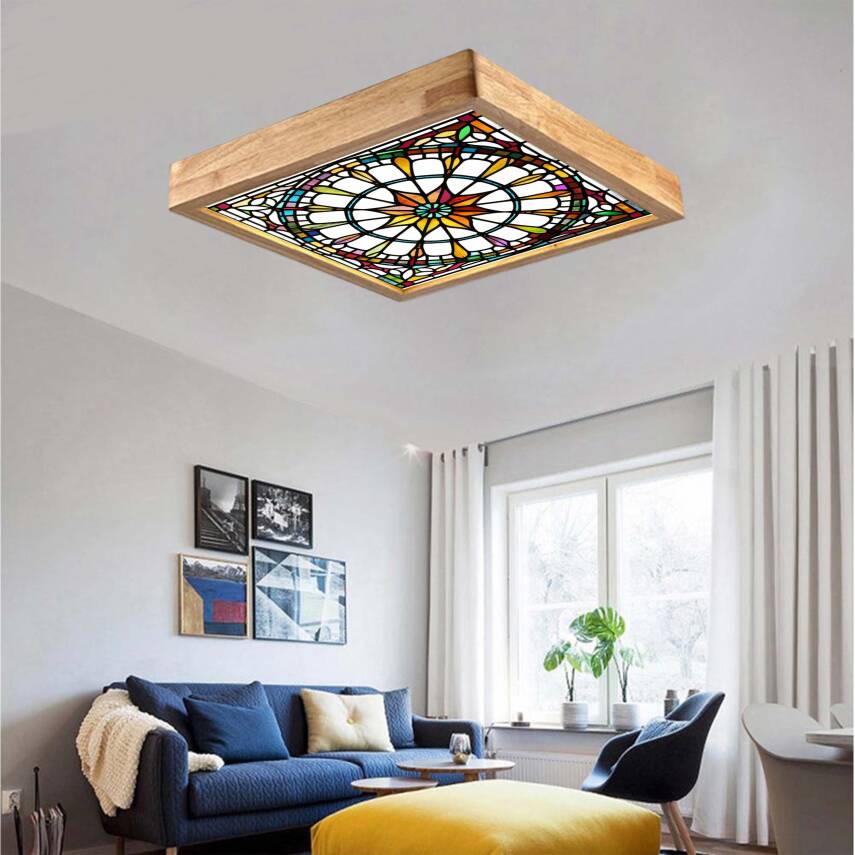 Ahşap Çerçeve Motif Baskılı Tavan LED Aydınlatma Avize - 1